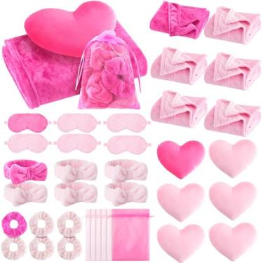 Imagem de Fanfanwin 36 peças de artigos de festa do pijama para meninas, 6 cobertores, 6 faixas de spa, 6 travesseiros de coração, 6 elásticos para dormir, 6 máscaras para dormir, 6 bolsas de organza para