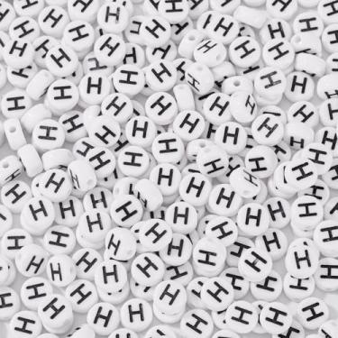 Imagem de Spritewelry 500 peças de contas de letra acrílica contas brancas alfabeto contas planas redondas letra H com orifício horizontal para artesanato DIY pulseira colar chaveiro cordão