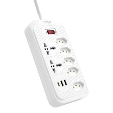 Imagem de Extensão Elétrica 2 Metros 5 Tomadas 10A + 2 Internacionais USB (2A) e USB-C Régua Multifunção para Casa, Escritório, Carregadores e Eletrônicos com Chave Liga/Desliga PREMIUM (Branco)