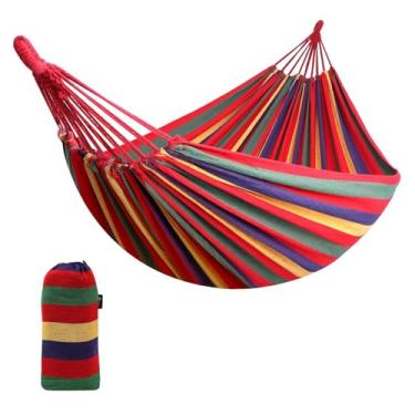 Imagem de LOHASTOUR Rede dupla portátil de algodão com cordas para pendurar e bolsa de transporte, rede para pátio, quintal, varanda, capacidade de peso de 250 kg, perfeita para uso externo/interno - listras