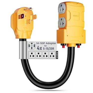 Imagem de MECMO Adaptador de distribuição RV de 50 a 20 Amp 110V, NEMA 14-50P para 4 X 5-20R/15R RV 4 pinos para várias tomadas domésticas com disjuntor de 20 amp, cabo de distribuição de gerador RV listado