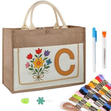 Imagem de Bolsa de lona personalizada DIY com kit de bordado, bolsa de artesanato de juta resistente com bolso frontal e forro resistente à água, bolsa de presente personalizável para mulheres, uso diário