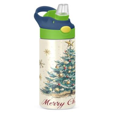 Imagem de YETTASBIN Garrafa de água de árvore de Natal para crianças, 340 g, à prova de vazamento, parede dupla, isolada, copo de viagem com tampa de canudo para meninas, meninos e crianças