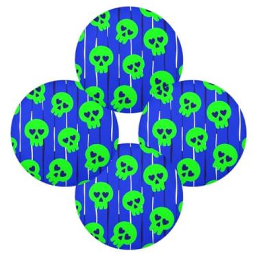 Imagem de Wassud Jogo americano conjunto de 4 tapetes redondos de caveiras verdes brilhantes para cozinha e jantar tapetes laváveis resistentes ao calor para decoração de mesa 39 cm