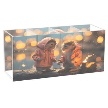 Imagem de CEBUGI Porta-lápis de acrílico transparente com 4 compartimentos, organizador de pincéis de maquiagem para pequenos macacos para armazenamento em mesa de escritório em casa