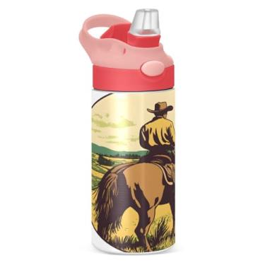 Imagem de CEBUGI Garrafas de água Cowboy à prova de vazamento infantil com canudo Garrafa de água isolada a vácuo de aço inoxidável para meninos e meninas