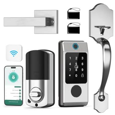 Imagem de Conjunto de fechadura de porta frontal WiFi, fechadura de porta de entrada sem chave Miuedo com alça de teclado, fechadura inteligente com impressão digital com trava automática, código, chaveiro,