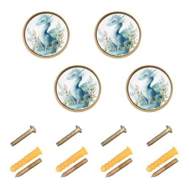 Imagem de Burbuja Maçanetas de armário de cozinha com folhagem de dragão azul e verde, pacote com 4, puxadores redondos de 3,5 cm, puxadores de cômoda com parafusos para cozinha, quarto, armários, armário