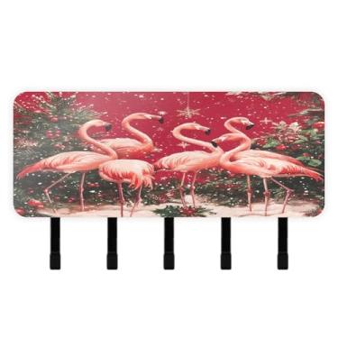Imagem de Burbuja Porta-chaves de flamingo de Natal com 5 ganchos, porta-chaves autoadesivo montado na parede, organizador de armazenamento de correio para entrada, decoração de casa