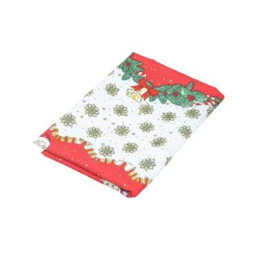 Imagem de Toalha de Mesa Natalina 4 Lugares, Tecido Oxford Maquinetado 100% Poliéster, Estampa Papai Noel e Árvore de Natal, Vermelho e Branco com Detalhes Dourados, Acabamento com Bainha (Estampa 1, 8 lugares)