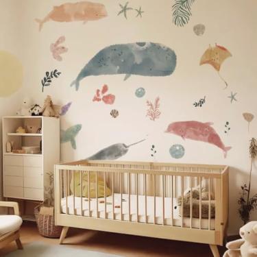 Imagem de Liwo Adesivos de parede de baleia da vida oceânica, decoração de parede de animais marinhos subaquáticos, decalques de vinil DIY aquarela para bebês, crianças, berçário, quarto, banheiro, sala de