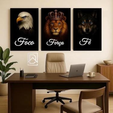 Imagem de Kit 3 Quadros Decorativos Motivacionais Foco Força Fé, Leão Águia Lobo, Arte Moderna, Impressão Alta Definição, Preto e Marrom