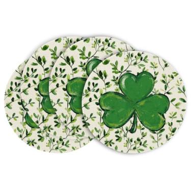 Imagem de Artoid Mode Jogo americano redondo Green Leaves Shamrocks Dia de São Patrício, conjunto de 4, 35,5 cm, tapetes de mesa irlandeses da sorte para festa, cozinha, decoração de jantar