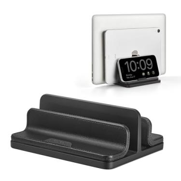 Imagem de Suporte vertical duplo para laptop, suporte vertical 3 em 1 com base ajustável (até 43 cm), organizador de mesa de armazenamento de laptop de couro para celular, tablet, MacBook/HP/Dell/Chrome Book