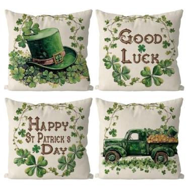 Imagem de QIONG MENG Capas de travesseiro de Dia de São Patrício 40,6 x 40,6 cm, conjunto de 4 fronhas de trevo de trevo de caminhão, capa de almofada feliz dia de São Patrício para decoração de sofá de casa e