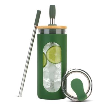 Imagem de Sursip Copo de vidro com 2 tampas e canudo, copo de vidro à prova de derramamento de 590 ml com tampa de bambu e manga de silicone para copo de água de café gelado - verde