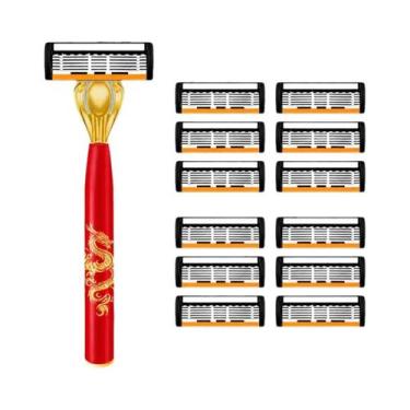 Imagem de Navalha Manual Masculina De 6 Lâminas Com Estampa De Dragão E Lâminas 