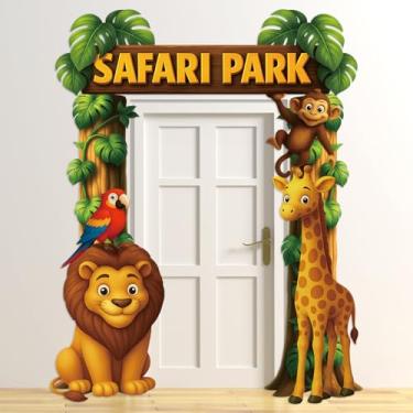 Imagem de Gilprop Decorações de festa na selva, conjunto de 3 peças com moldura de porta de parque de animais – Decoração de entrada de animais da selva de poliéster com girafa macaco leão para festa temática
