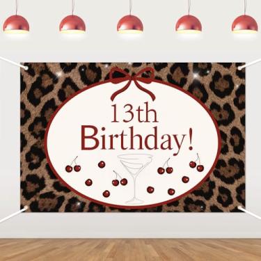 Imagem de Pano de fundo de aniversário de 13 anos com estampa de leopardo - Banner de tecido de coquetel de cereja, fundo fotográfico de vinil de 1,5 x 0,9 m para mulheres, meninas, decoração de festa, adereços