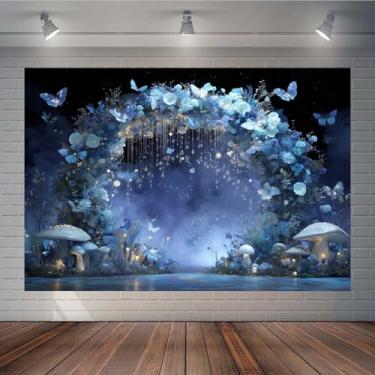 Imagem de KUKUSOUL Fundo sonhador de 2 × 1,8 m, arco de flores azuis com fundo de cordão de luzes, pano de fundo de festa de fada cogumelo, adereços de estúdio de sessão de fotos de casamento dos sonhos