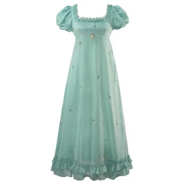Imagem de Mikan Tsumiki Regency Dresses for Women Ruffle Neck Floral Embroidery Empire Waist Regency Era Dress Victorian Ball Gown L Mint Green
