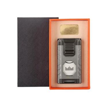 Imagem de JDIME Isqueiro turbo de charuto de luxo ao ar livre gás butano 3 tochas chama azul jato afiado tesoura ferramenta presente masculino (E)