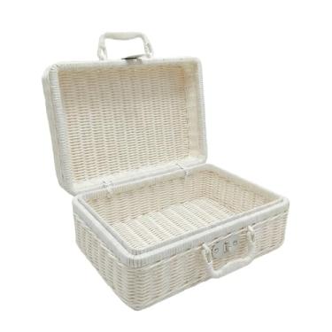 Imagem de Cesta de piquenique de vime de imitação, pequena cesta de piquenique caixa de armazenamento de vime de imitação de metal com alças, cestas de vime de imitação com alças para viagem, acampamento, festa