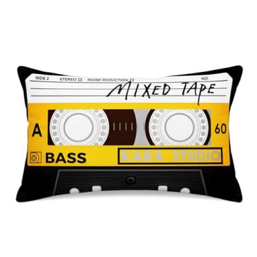 Imagem de HYJ Capa de almofada de fita cassete retrô 30 x 50 cm, design de fita mista dupla face, capa de almofada lombar de linho branco, decoração de música vintage para sofá-cama