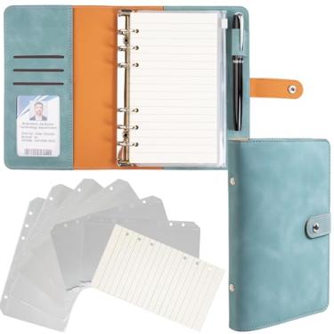 Imagem de Pasta A6 para agenda, recarregável, 6 anéis, para homens e mulheres, de couro sintético com bolsos, divisórias, refil de papel para colegas de trabalho, azul