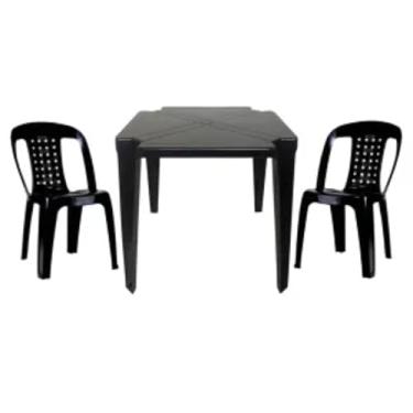Imagem de Mesa Quadrada Plástico Monobloco 70cm Preta + 2 Cadeiras Empilhável