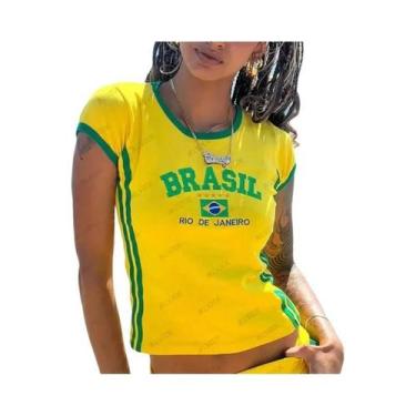 Imagem de Camiseta Cropped Feminina De Verão Com Estampa De Letras Brasil, Gola 