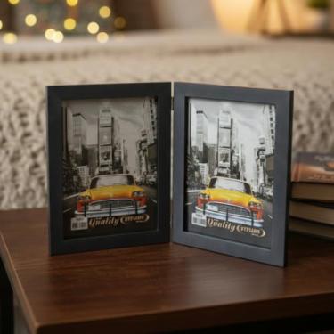 Imagem de Porta Retrato Duplo Vertical 15x21 Moldura de Madeira Preta com Vidro