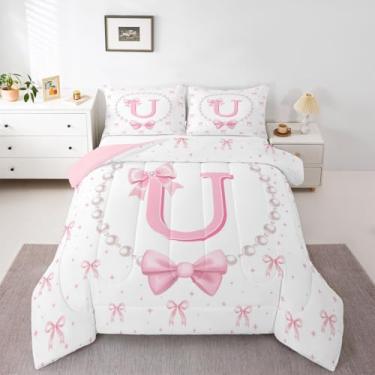 Imagem de Erosebridal Conjunto de cama para meninas com laço rosa com inicial U Queen – Conjunto de edredom com laço de fita rosa coquete para crianças e mulheres, colcha de laço com monograma, linda decoração