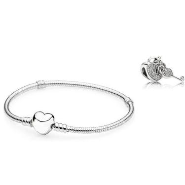 Imagem de Kit Pulseira de Berloques Coração + Pingente Banho Prata - Pulseiras e