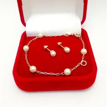 Imagem de Kit Brinco e Pulseira Pérola Infantil Folheado Ouro 18k - Pulseiras e 