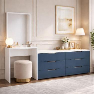 Imagem de Cômoda Madrid 6 Gavetas com Espelho Azul/Branco - Politorno, Azul Clar