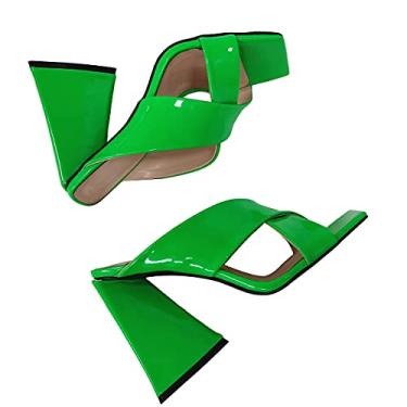 Imagem de Sandálias femininas de salto quadrado salto mules triângulo bloco salto alto sandálias deslizantes estranho salto grosso chinelos de verão, Verde, 12