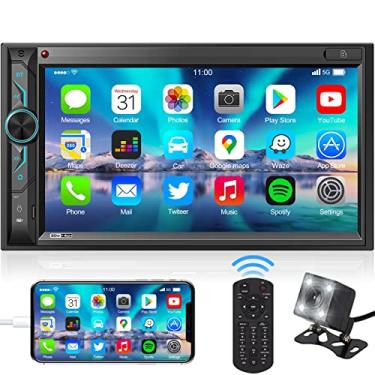 Imagem de Estéreo de carro Double Din com Bluetooth: receptor multimídia automotivo HD de 7 polegadas – leitor de MP5 de áudio para carro | Tela sensível ao toque capacitiva LCD | Phonelink | Câmera de backup | Entrada USB/SD/AUX | Rádio AM FM para carro | SWC