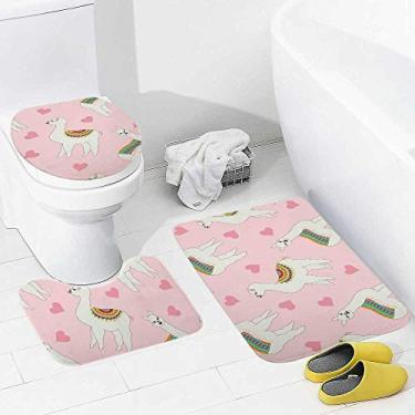 Imagem de Conjunto de tapetes de banheiro e 3 peças de lhama e corações rosas, tapete de banheiro de espuma viscoelástica lavável antiderrapante tapete e tampa para banheiro
