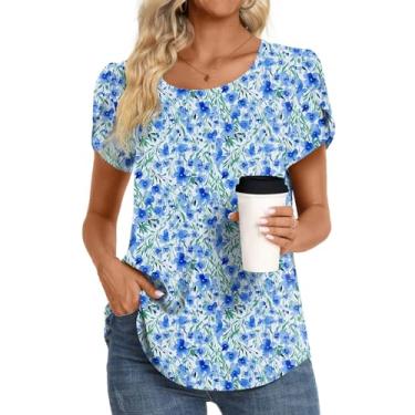 Imagem de HOTGIFT Camiseta feminina casual confortável solta leve túnica tops macia elástica camiseta blusa básica, Flor azul com tinta, 3G