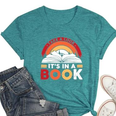 Imagem de WEITUN Camiseta feminina Take a Look It's in a Book Funny Reading Rainbow Graphic T-Shirt Book Lover Gift Tops, Ciano, G