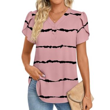 Imagem de HOTGIFT Túnica feminina de verão 2024, casual, manga curta, gola em V, botões, camisetas de chiffon para leggings macias e confortáveis, Listra rosa, 3G