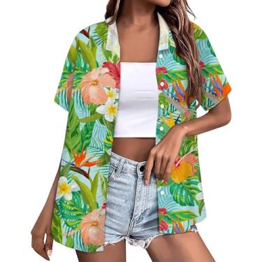Imagem de Camisetas havaianas femininas verão floral gráfico tropical macio legal camisetas casuais túnica manga curta abotoado lapela tops, Laranja, M