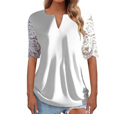 Imagem de Lainuyoah Blusa feminina de renda patchwork gola V casual verão túnica moderna estampa floral Y2K camisetas túnica manga renda, Branco, 3G