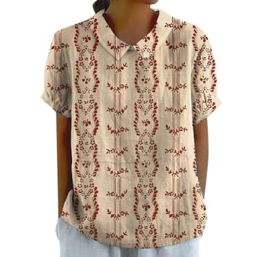 Imagem de Camiseta feminina com estampa floral, manga curta, gola de boneca, caimento solto, casual, moderna, túnica, Caqui, 3G