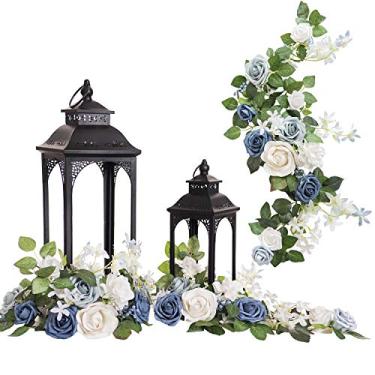Imagem de Ling's Moment Pacote com 6, guirlanda de flores artificiais de 60 cm, lanterna azul empoeirada e branca, centro de mesa, decoração de corredor de casamento, cadeira de flores, arco floral, para placas