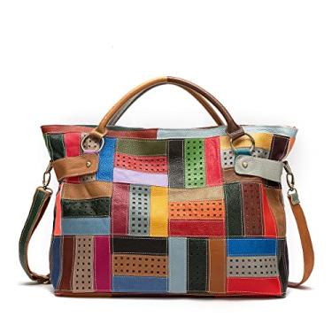 Imagem de Bolsa feminina de couro legítimo multicolorida com patchwork ombro vazado bolsa de mão, Multicoloured