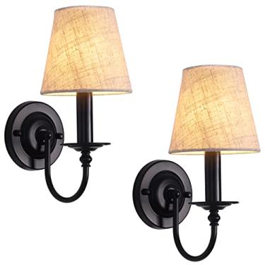 Imagem de LASENCHOO Conjunto de arandelas pretas de parede conjunto de dois arandelas modernas de iluminação de parede industriais com abajur de tecido de linho, lâmpadas de parede com fio rígido para quartos, sala de estar, corredor, varanda de entrada