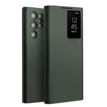 Imagem de Capa de couro genuíno Smart S23 Ultra para Samsung Galaxy S23 Ultra - Capa de telefone leve com capa de luxo Business Smart View (verde)
