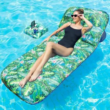 Imagem de FindUWill Espreguiçadeira inflável para piscina – boia de tecido com suporte de copo para encosto, boias de água de natação resistentes para adultos (verde)